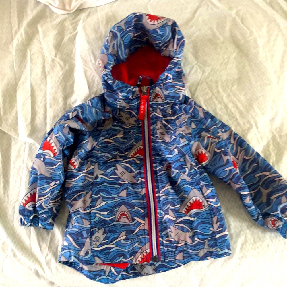 LL Bean infant rain coat (runs large), sharks, 12-18m